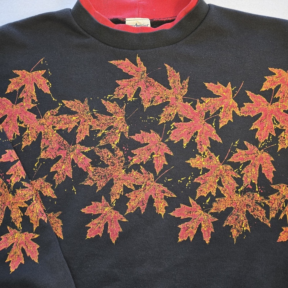Vintage 90s Artisans Maple Leaf Sweatshirt XL AOP Fall Nature Double‎ Collar